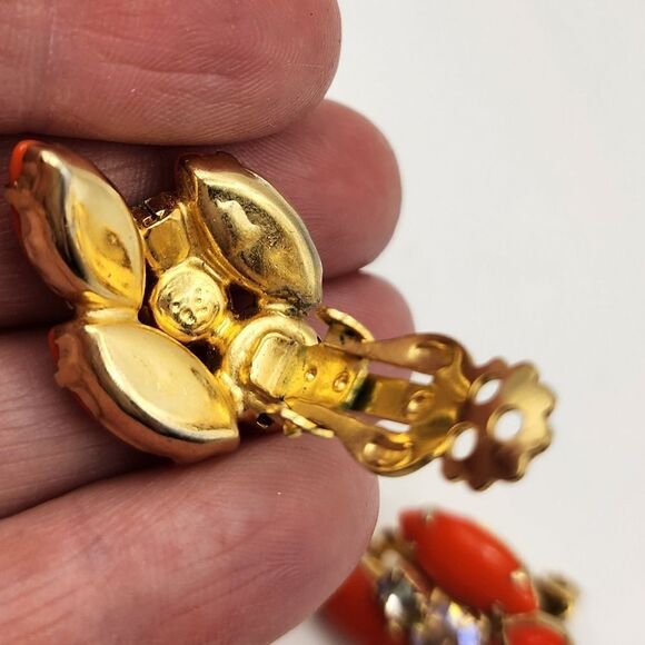 Flower Orange Matching Rhinestone And Bead Vintage Gold Brooch Pin Clip Earrings - Picture 6 of 8